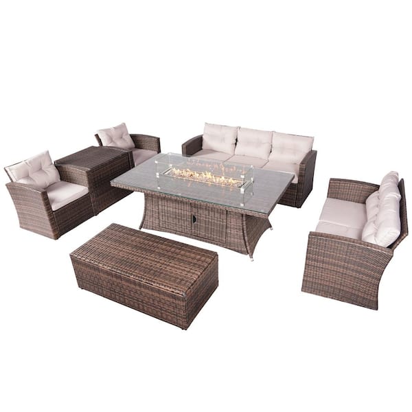 Moda Furnishings Amy 7 Piece Wicker, Garden Furniture Set With Fire Pit Table