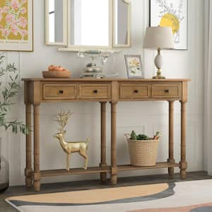 58 in. Old Pine Rectangle Wood Console Table with Two Storage Drawers and Bottom Shelf for Living Room, Entryway
