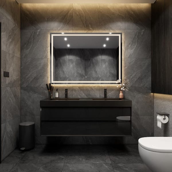 MIA 59 in. W. x 20 in. D x 24 in. H Double Sink Floating Bath Vanity in Gloss Black with Black Stainless-Steel Top