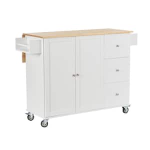 White Kitchen Cart with Solid Wood Top and 3 Drawers，Storage Cabinet