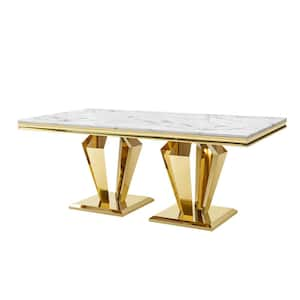 79 in. Rectangular Luxury White Marble Modern Dining Table w/Gold Stainless 4-Legs for Kitchen and Dining Room (Seats 8)