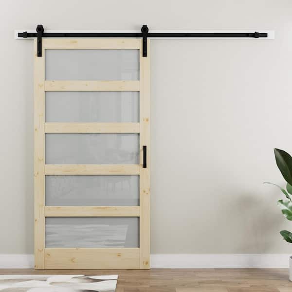 42 in. x 84 in. 5-Lite Tempered Frosted Glass and Solid Pine Wood Unfinished Barn Door Slab with Hardware Kit