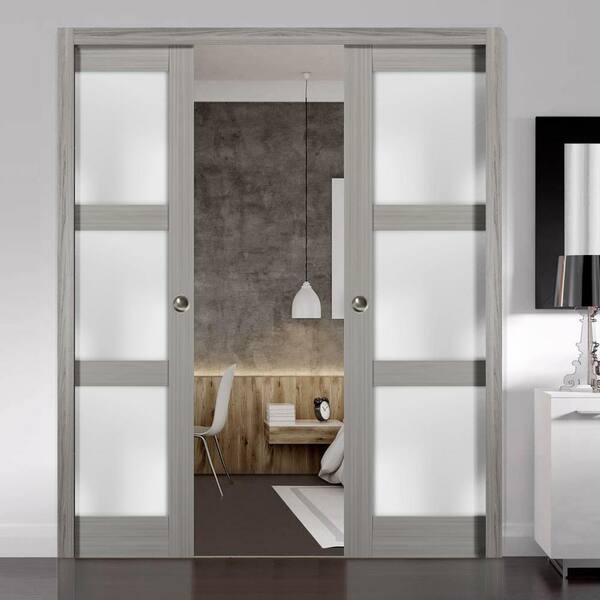 2552 56 in. x 84 in. 3 Panel Gray Finished Pine Wood Sliding Door with Double Pocket Hardware