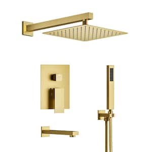 3-Spray 10 in. Wall Mount Dual Shower Head and Handheld Shower 2.5 GPM Tub Shower Set in Brushed Gold (Valve Included)
