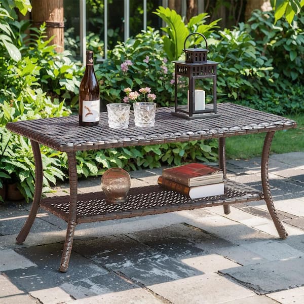 Brown Rectangle Wicker Outdoor Coffee Table with Lower Storage Shelf PE Rattan Side Table for Patio