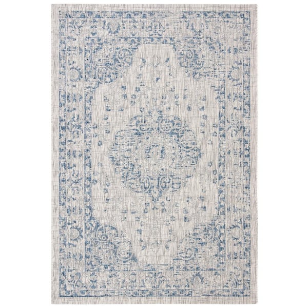 Courtyard Gray/Navy 4 ft. x 6 ft. Geometric Indoor/Outdoor Patio  Area Rug