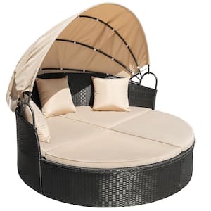 Chillrest Black Rattan Wicker Outdoor Patio Round Day Bed with Retractable Canopy and Beige Cushions