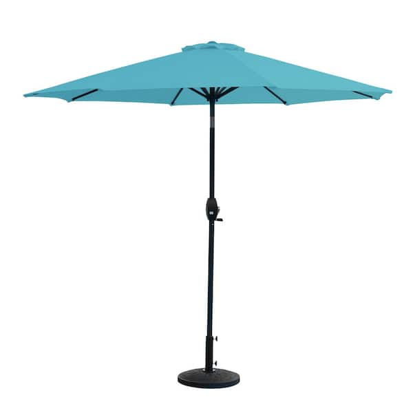 WESTIN OUTDOOR Riviera 9 ft. Market Outdoor Umbrella with Decorative Round Resin Base in Turquoise