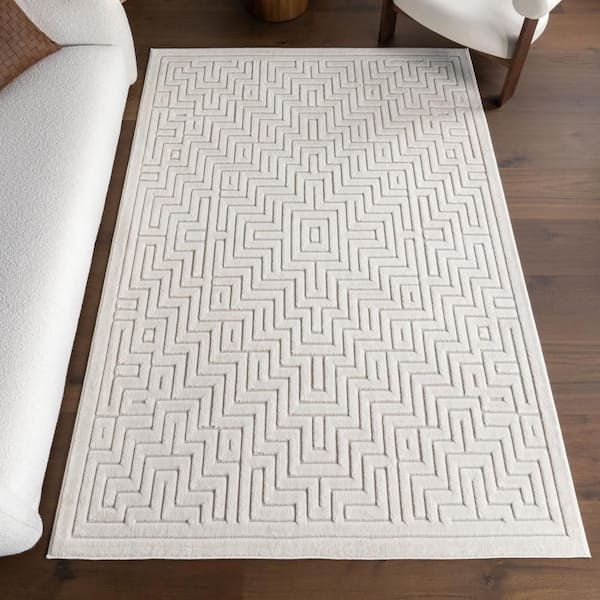 Tasha Geometric Cream 7.10 ft. x 10 ft. Outdoor Area Rug