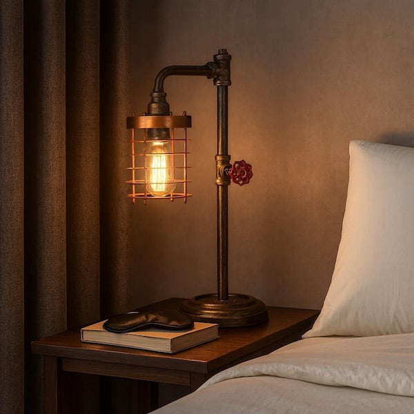 18 in. Brown Metal Lantern Traditional Pipe Bo Table Lamp