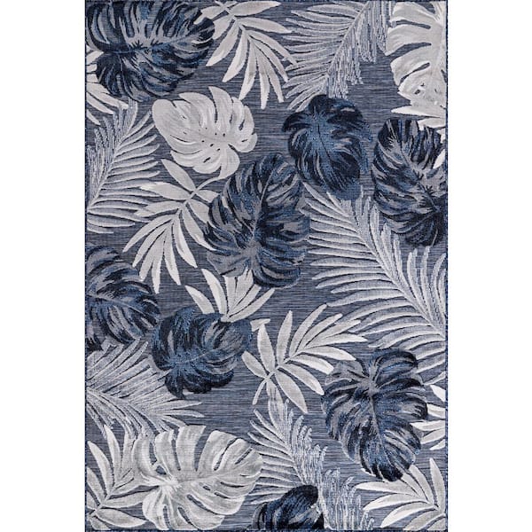 Bloom Navy Blue 10 ft. x 14 ft. Leaf Tropical Botanical Indoor Outdoor Area Rug