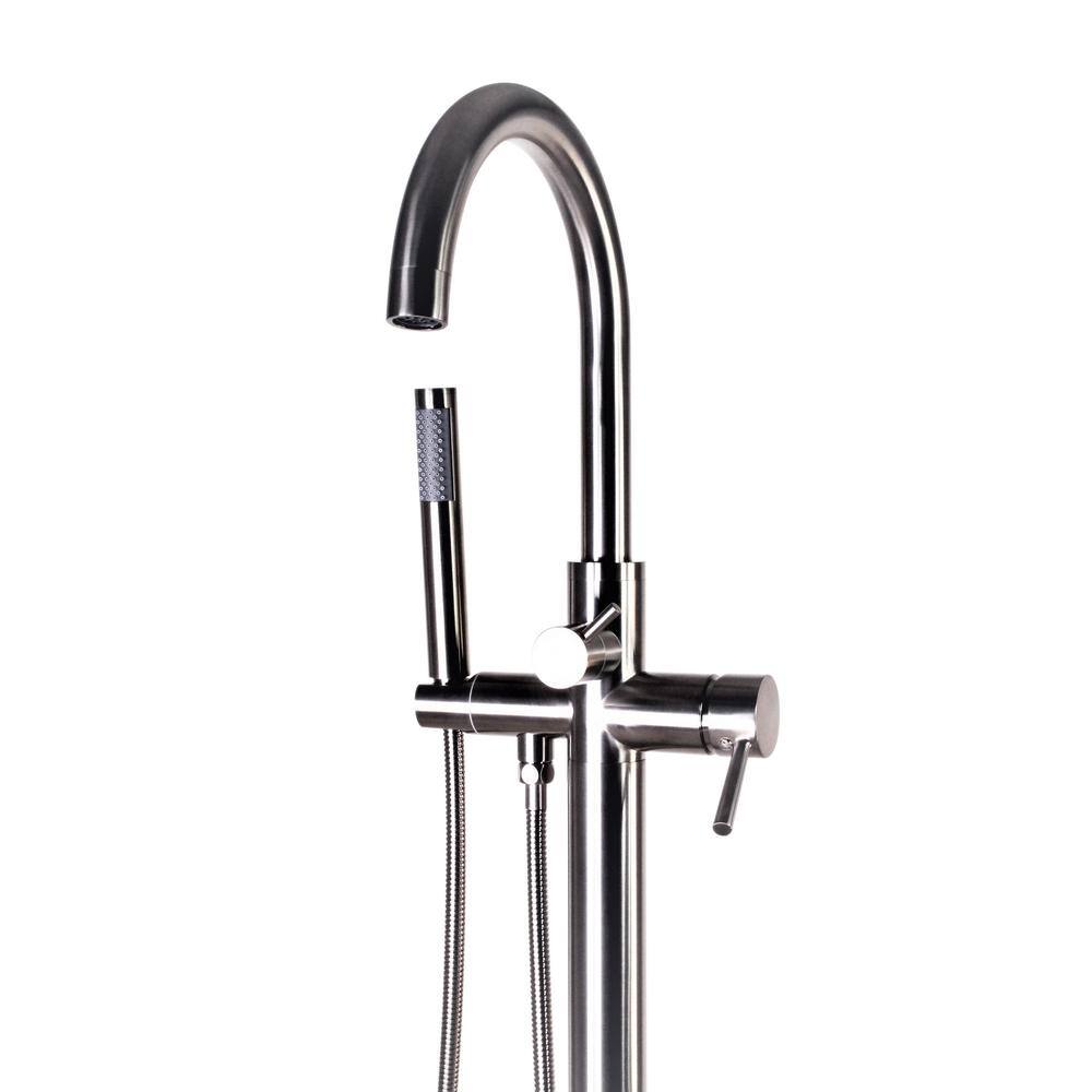 Satin Nickel Floor Mount Freestanding Bathtub Filler Faucet with Handheld Shower