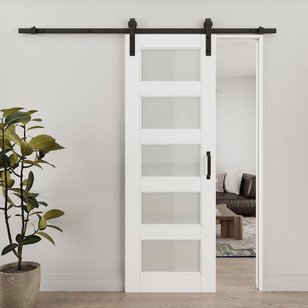 28 in. x 80 in. 5-Lite Tempered Frosted Glass White Primed MDF Sliding Barn Door with Hardware Kit (Soft Close Include)