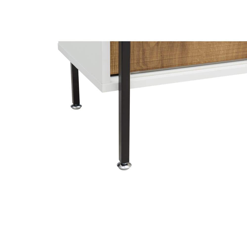 White and Oak Adjustable 3-Shelf Bookcase with Sliding Doors