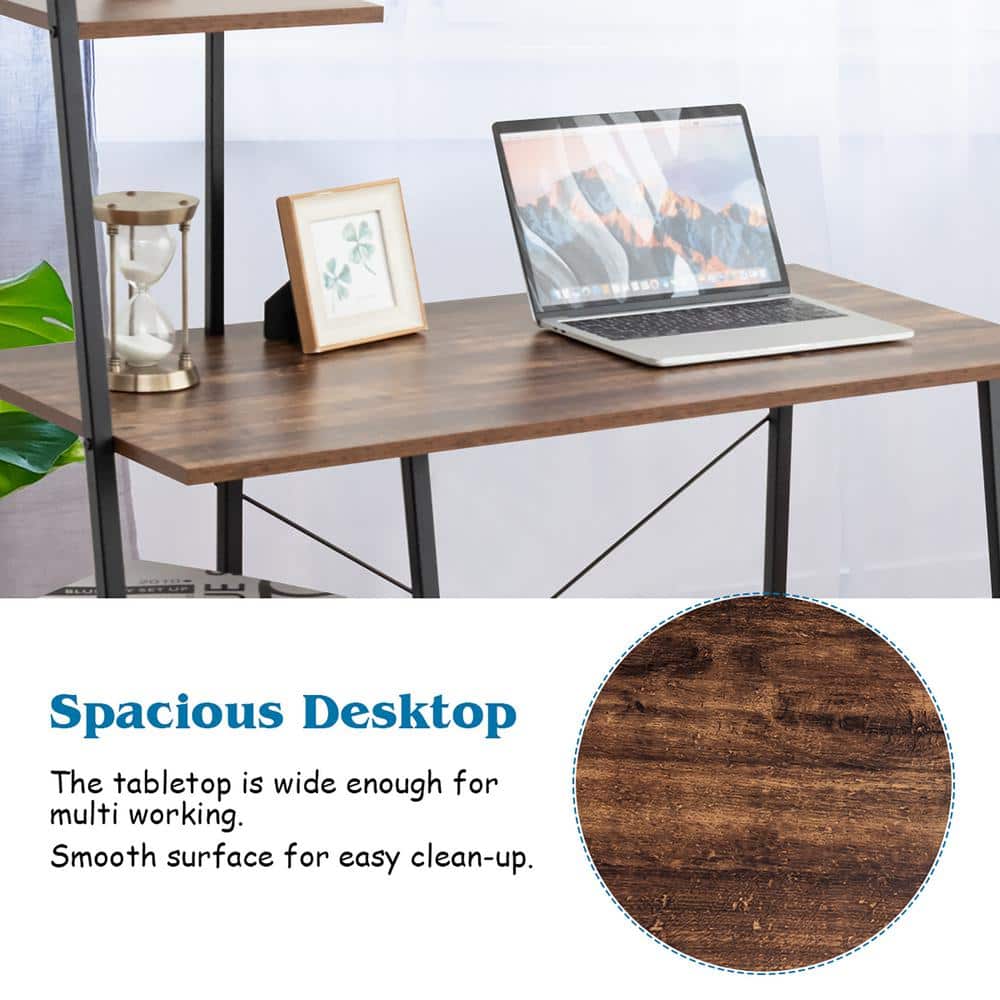 Elegant Corner Writing Desk with 4-Tier Open Shelves in Brown