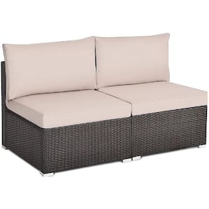 Outdoor 2 Pieces Rattan Armless Sofa Set With Khaki Cushions