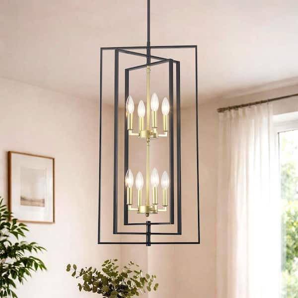 40-Watt 8 Light Black and Gold Geometric Chandelier High Ceiling 3-Tier Rotatable Rectangular Iron Frame Pendant Light