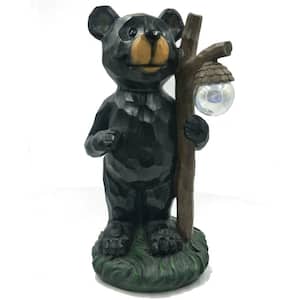 1-Light 14 in. Integrated LED Solar Powered Black Bear with Walking Stick Light