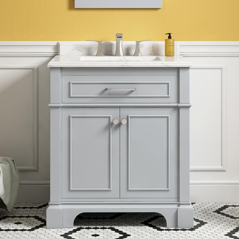 Home Decorators Collection Melpark 30 in. W x 22 in. D x 34 in. H Single Sink Bath Vanity in Dove Gray with White Engineered Marble Top -  Melpark 30G