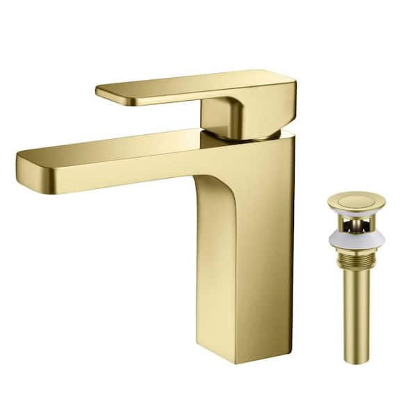 Single Handle Lever Handle Single Hole Bathroom Sink Faucet with Supply Lines and Pop-Up Drain in Brushed Gold