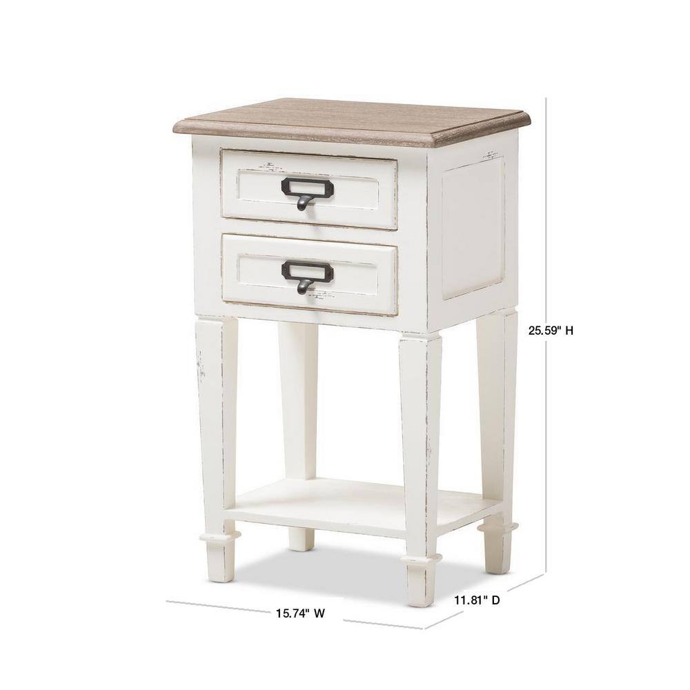 Dauphine Provincial Style 2-Drawer Nightstand in Distressed White and Oak