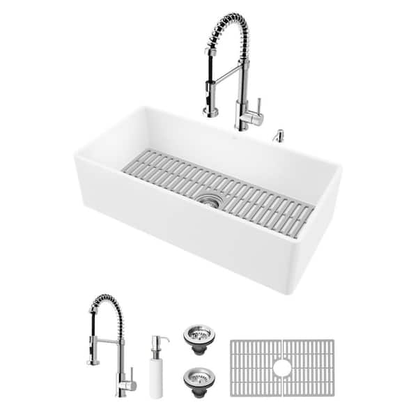 VIGO Matte Stone 36" Single Bowl Farmhouse Apron Front Undermount Kitchen Sink with Faucet in Chrome and Accessories