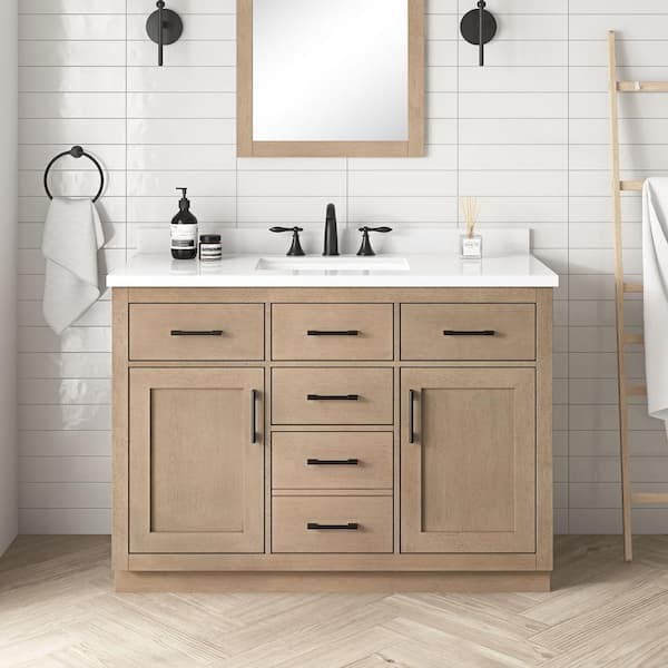 OVE Decors Bailey 48 in. Single Sink Sahara Birch Bath Vanity with White Quartz Top and Integrated Power Outlet (Assembled)
