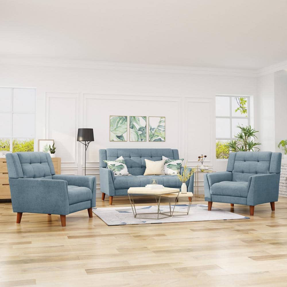 Evelyn Blue and Walnut Mid-Century Modern Arm Chair and Loveseat Set