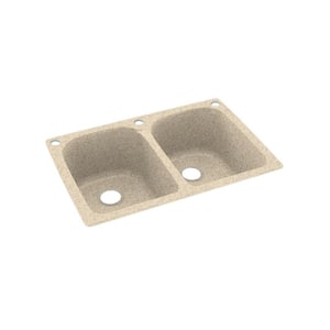 Dual-Mount Solid Surface 33 in. x 22 in. 3-Hole 50/50 Double Bowl Kitchen Sink in Bermuda Sand