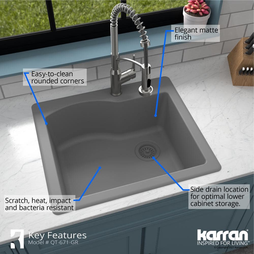 Gray Quartz Composite Single Bowl Drop-In Kitchen Sink