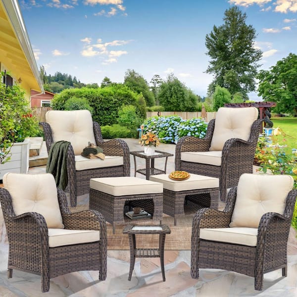 Brown 8-Piece Wicker Patio Conversation Set Outdoor Lounge Chairs Ottomans and Side Table with Beige Cushions