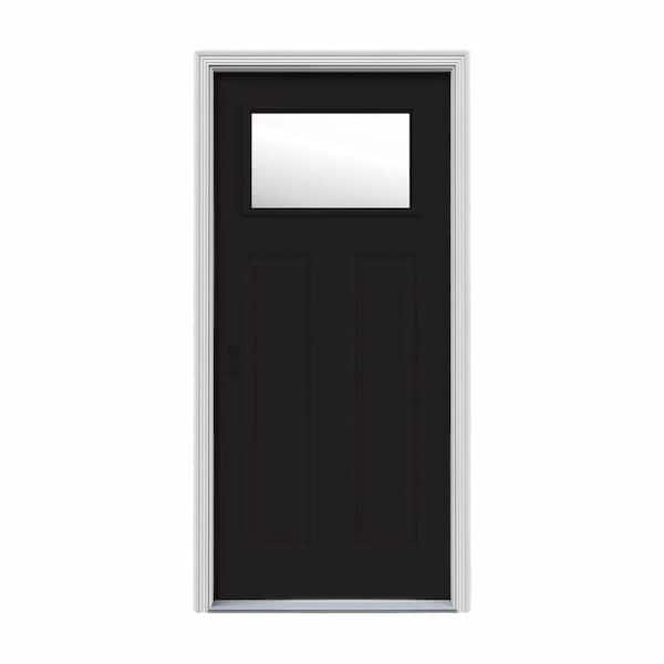 JELD-WEN 30 in. x 80 in. 1 Lite Craftsman Black Painted Steel Prehung Right-Hand Inswing Front Door w/Brickmould
