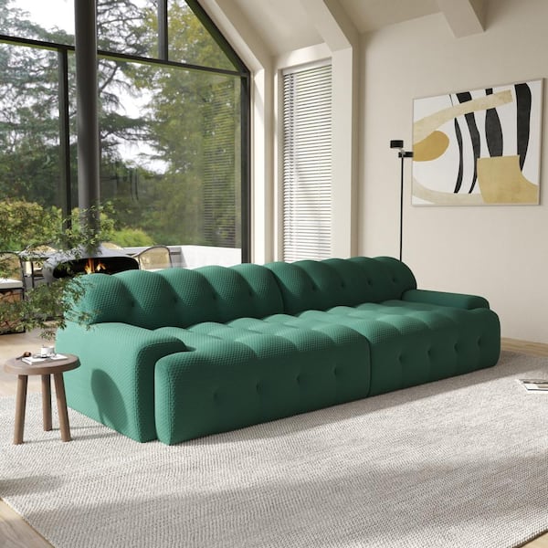 J&E Home 102.4 in Wide Square Arm Knit Fabric Rectangle Waffle Sofa in. Green