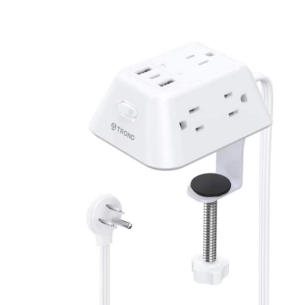 5-Outlet Desk Clamp Power Strip Surge Protector with 3-USB Ports and 6 ft. Cord 2.5 in. Tabletop Edge Thick in White