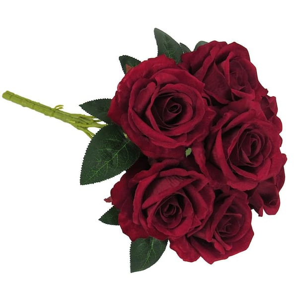 LIVING LUXURY 16 in. Red Artificial Velvet Rose Flower Stem Bush