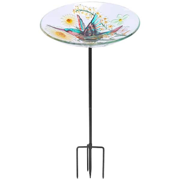 25 in. H x 11 in. Dia Multicolor Glass Birdbath with Hummingbird