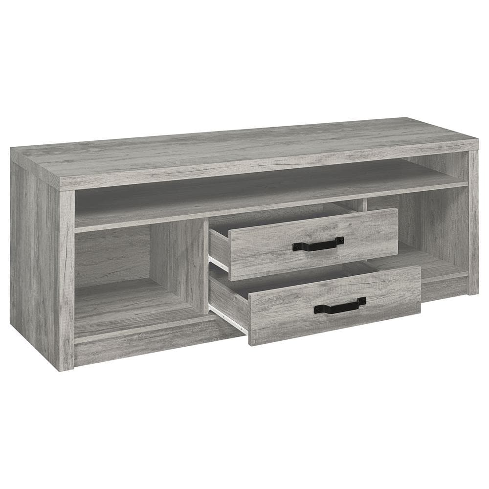 Modern Driftwood Gray TV Console with 2 Drawers and Open Shelving