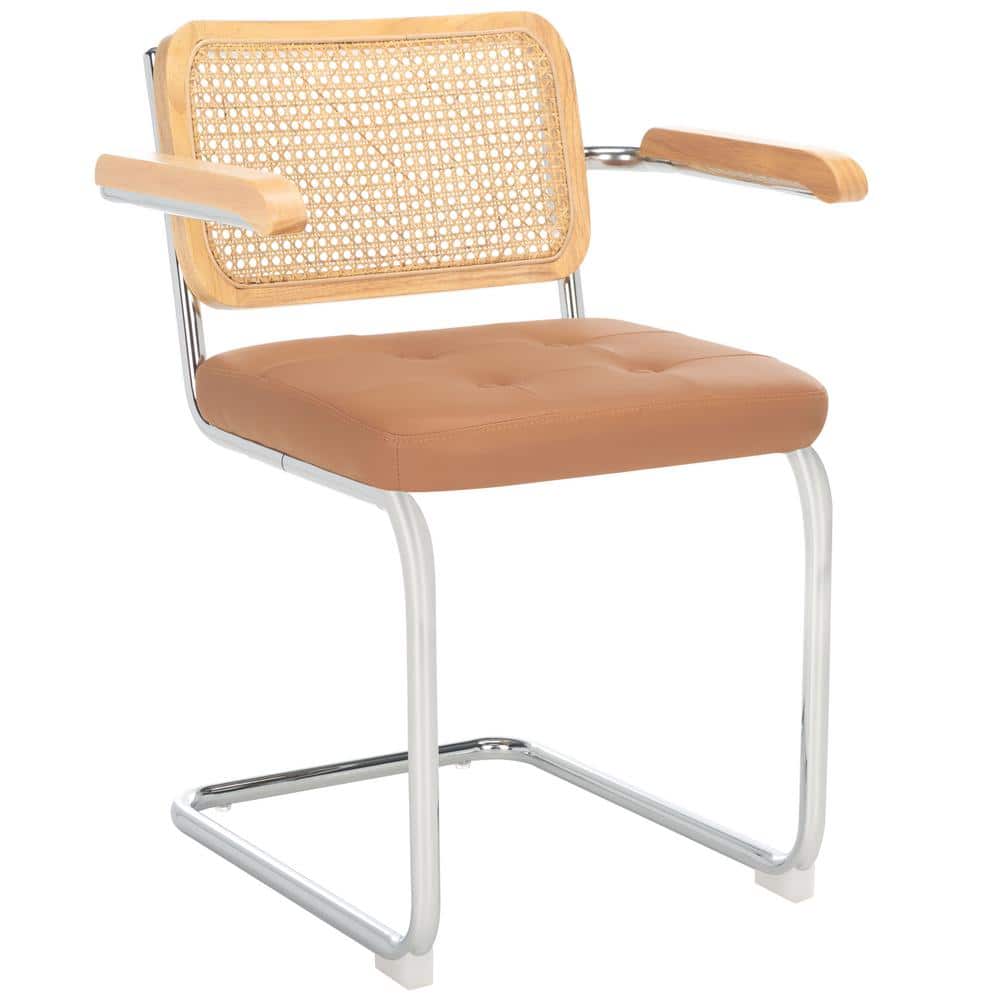 Cognac Faux Leather and Natural Rattan Arm Chair with Chrome Legs