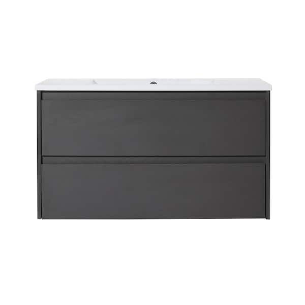 Unbranded 35.80 in. W x 18.20 in. D x 20.50 in. H Bath Vanity in Grain Gray with White Granite Top