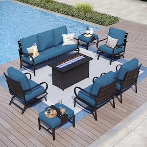 Metal 9 Seat 8-Piece Outdoor Patio Conversation Set with Peacock Blue Cushions,Rocking Chairs,Rectangular Fire Pit Table