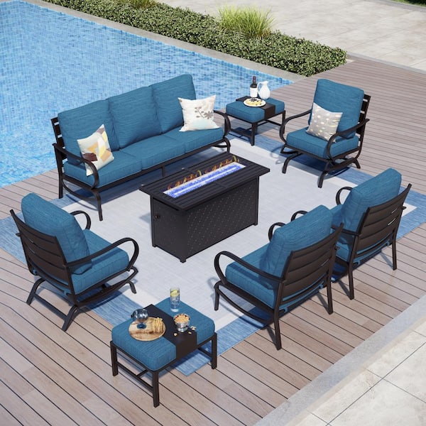 PHI VILLA Metal 9 Seat 8-Piece Outdoor Patio Conversation Set with Peacock Blue Cushions,Rocking Chairs,Rectangular Fire Pit Table