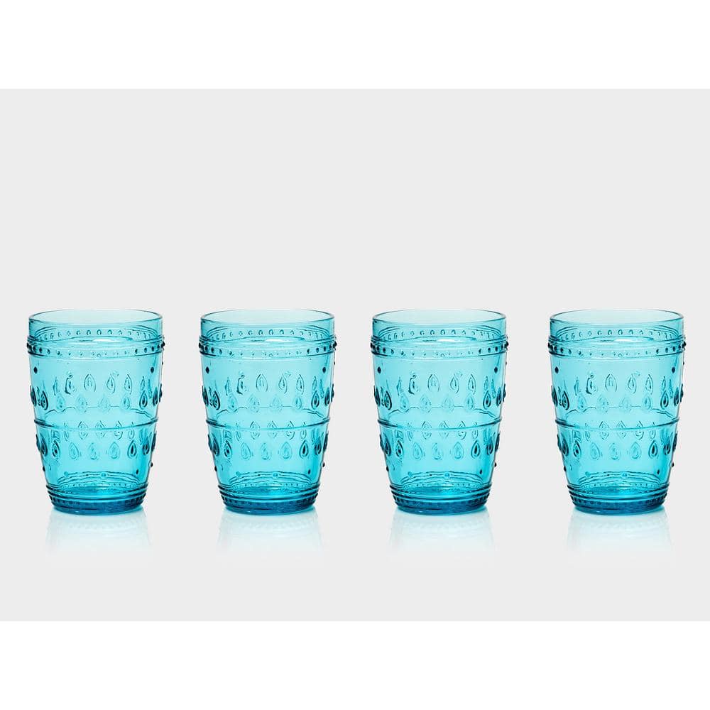 Turquoise Glass Highball Set with Intricate Design, 14oz, Set of 4