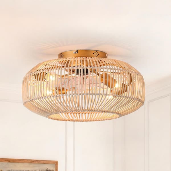 19.7 in. Indoor Gold Woven Rattan Flush Mount Caged Ceiling Fan with Light Kit and Remote Control
