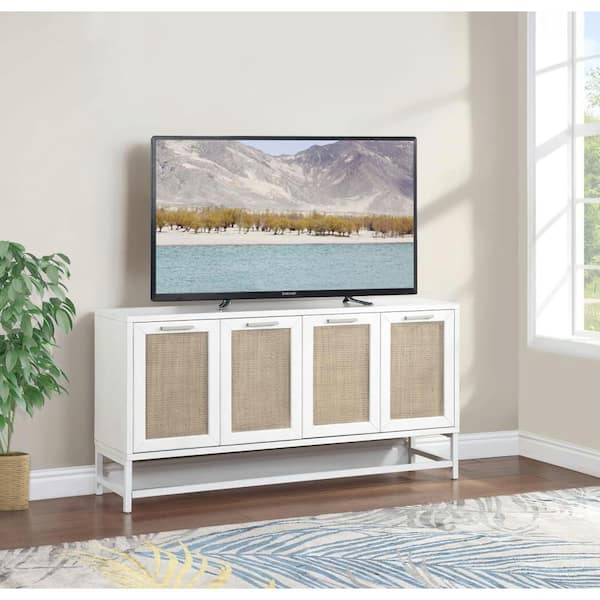 White Wood 60 in. x 31 in. 4-Door Sideboard with Brown Woven Rattan Doors and Metal Base
