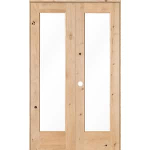 48 in. x 80 in. Rustic Knotty Alder 1-Lite Clear Glass Right Handed Solid Core Wood Double Prehung Interior Door