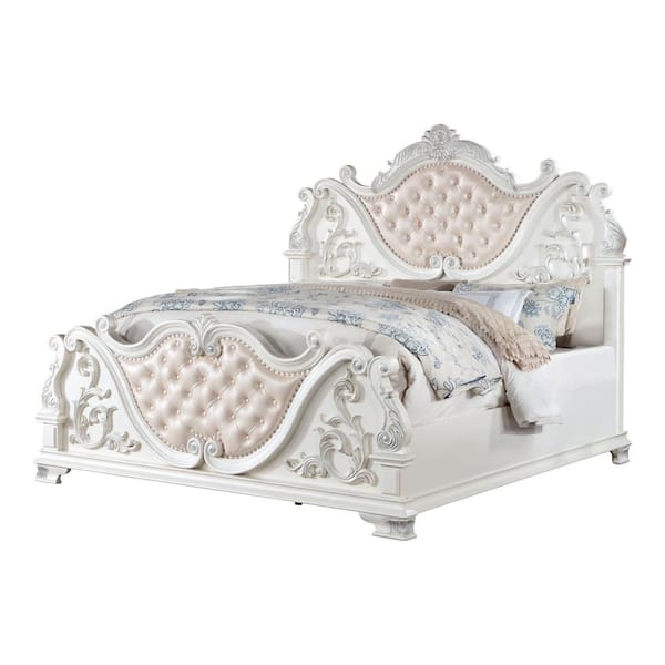 Florince Traditional White Wood Frame King Panel Bed with Tufted Headboard