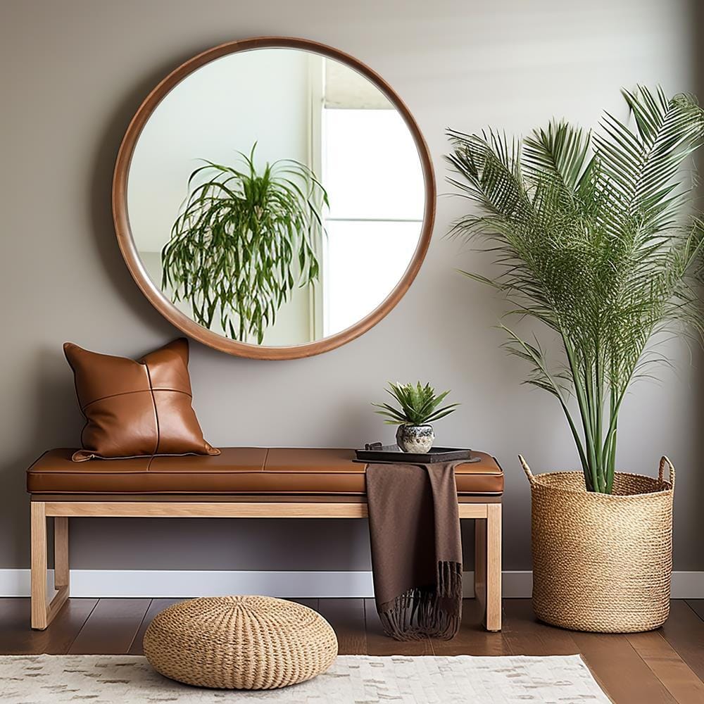 Natural Rubberwood Frame Round Wall Mirror