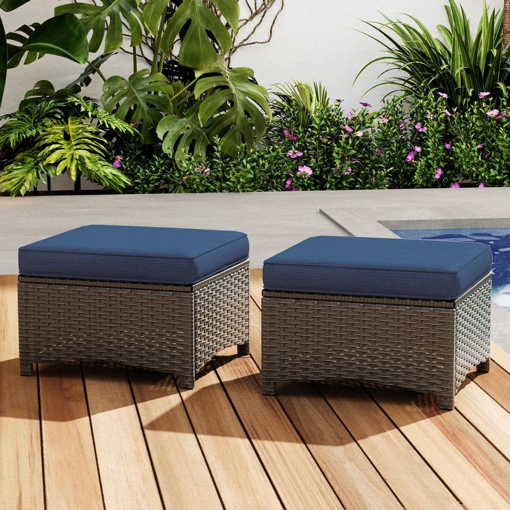 Wicker Outdoor Ottoman Patio Footstool with Blue Cushions (2-Pack)