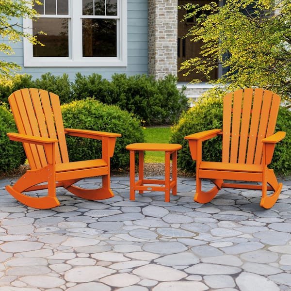 POLYWOOD Grant Park Tangerine 3-Piece HDPE Plastic Adirondack Outdoor Rocking Chair Patio Conversation Set