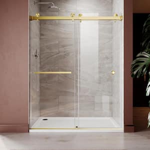 UKD01 66 to 72 in. W x 80 in. H Double Sliding Frameless Shower Door in Satin Brass, EnduroShield 3/8 in. Clear Glass